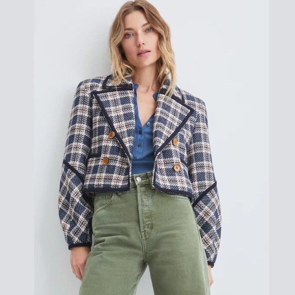 Veronica Beard Aise Cropped Jacket Textured Plaid Ink Multi Oversized Lapels - Picture 2 of 10